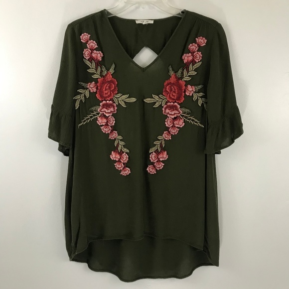 Pleione Tops - Pleione Olive Green Rose Patch Bell Sleeve Top XS